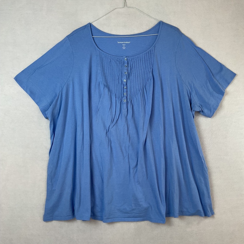 Woman Within Blue Pintuck Henley Top Plus Size 3X Short Sleeve Pleated Knit